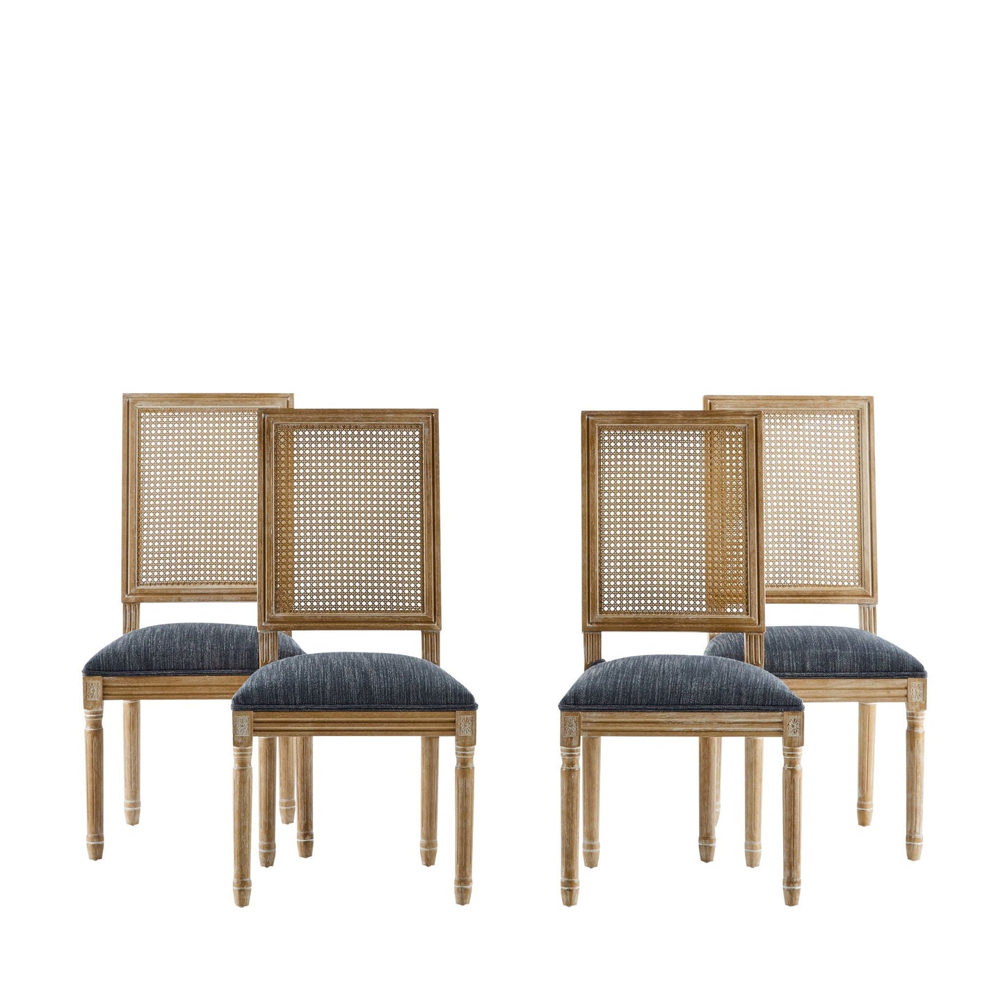 French Country Dining Chair With Rectangular Cane Backrest And Smooth Upholstered Seating