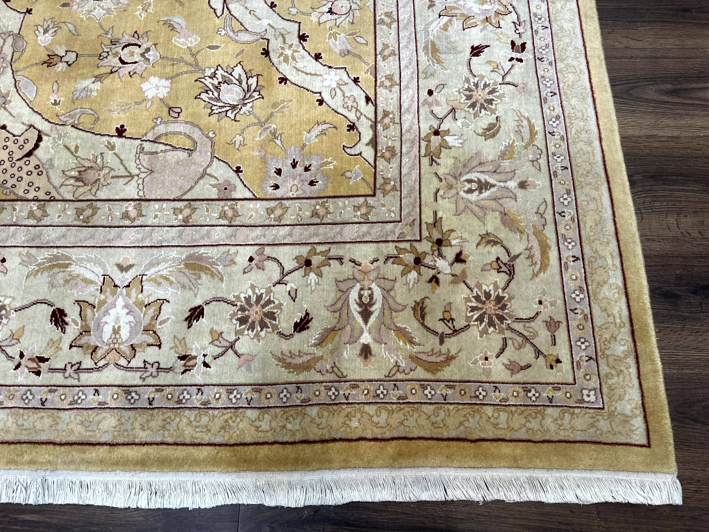 Sino Persian Rug 8x11, Wool with Silk Highlights, Unique Colors, Gold and Light Green, Fine 240 KPSI