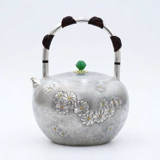Pure 999 Fine Silver Handcrafted Sterling Silver Teapot with Floral Reliefs and Green Gemstone Knob - Handicraft