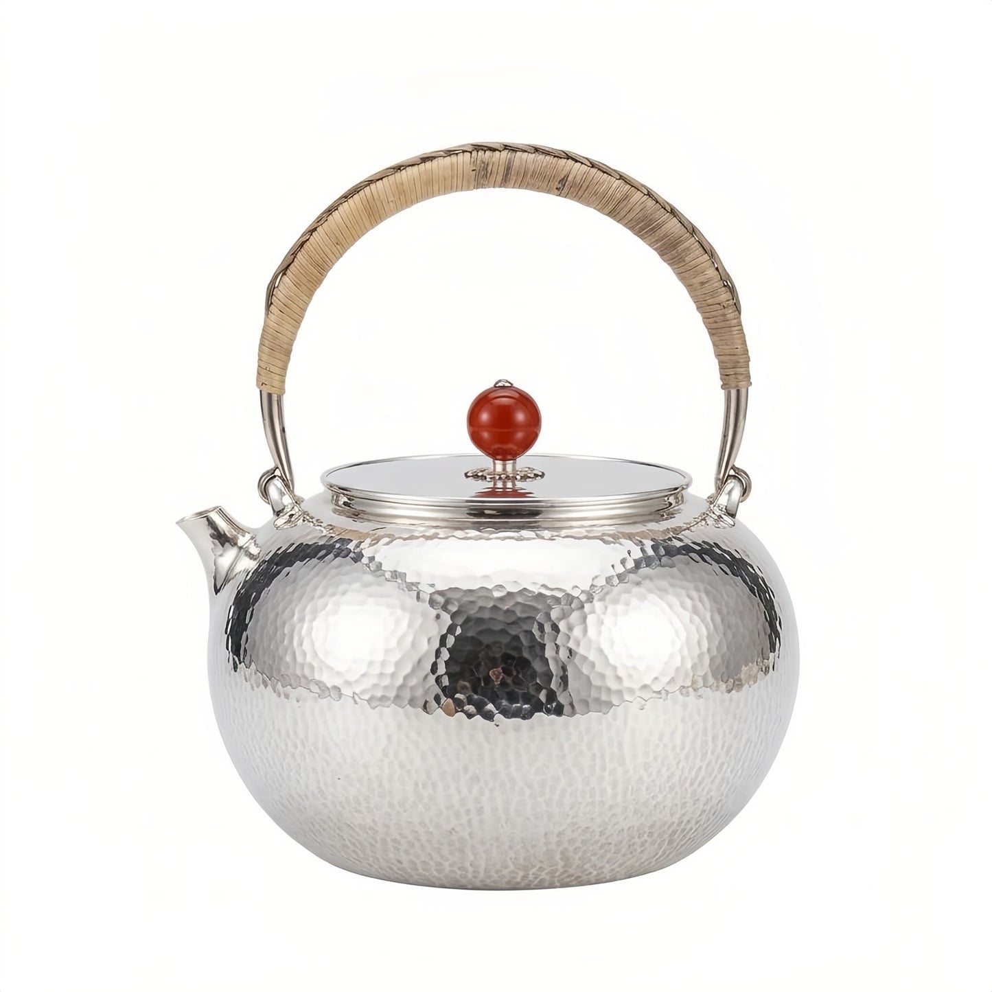 925 Sterling Silver Handcrafted Hammered Silver Teapot with Rattan Handle and Red Agate Finial - Handicraft