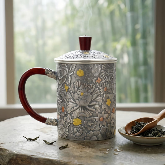 Pure 999 Fine Silver Handcrafted Floral Embossed Silver Tea Mug with Elegant Wood Accents - Handicraft