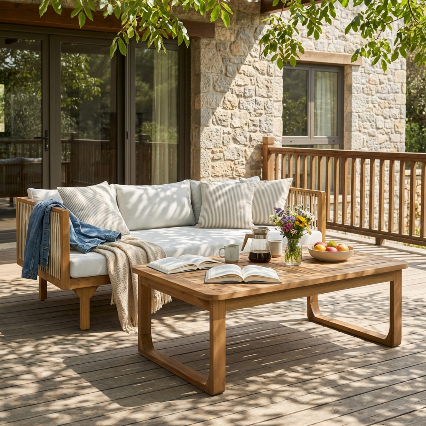 Outdoor Patio Set Modern Minimalist 3 Seater Daybed and Teak Finish Coffee Table
