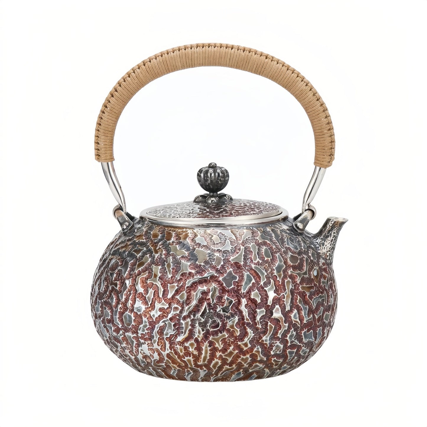 925 Sterling Silver Exquisite Handcrafted Silver-Toned Teapot with Ornate Patterning and Cord-Wrapped Handle - Handicraft
