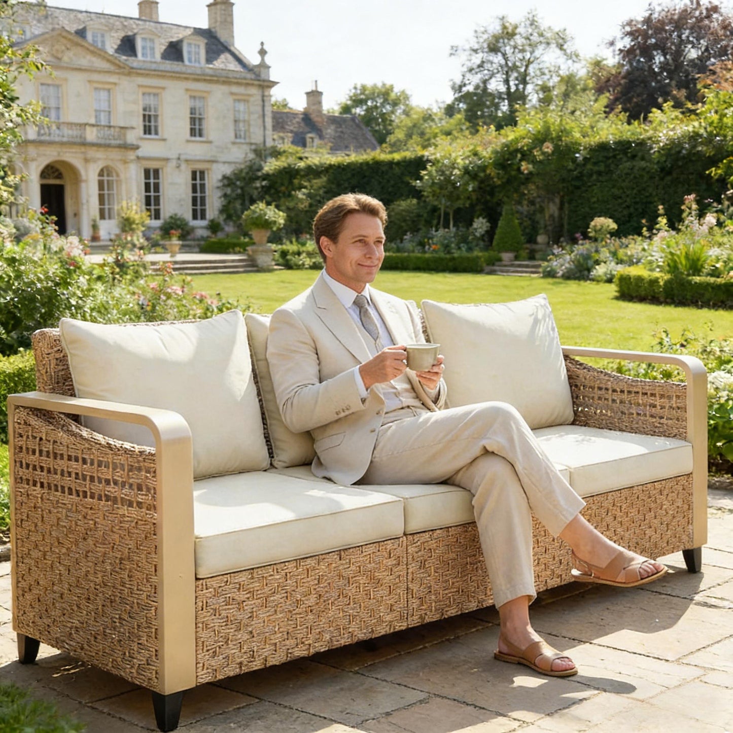Sofa Outdoor Patio Rattan Wicker with Weather Resistant Cushions Poolside