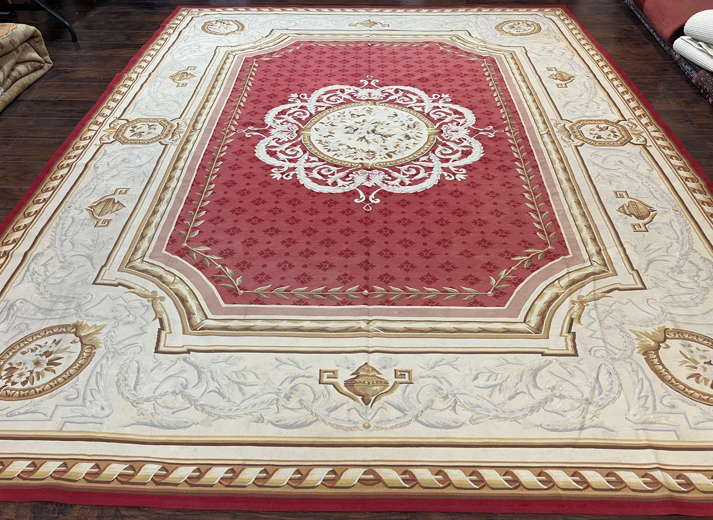 Aubusson Rug 9x12 ft, Red and Ivory Elegant Aubusson Carpet, Flatweave, Vintage Wool Handmade Area Rug 9 x 12, French European Design