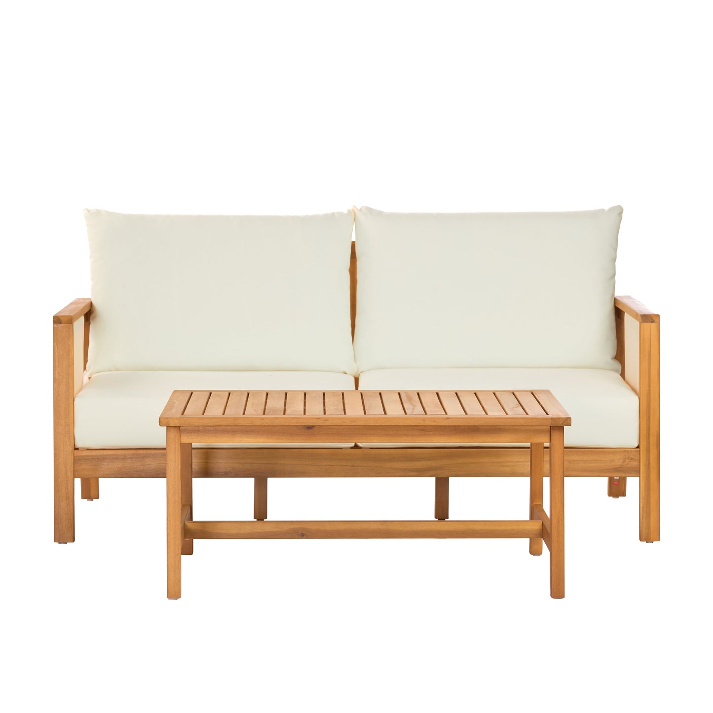 Outdoor Sofa Set Two Piece Acacia Wood Teak Finish Beige Cushions Coffee Table