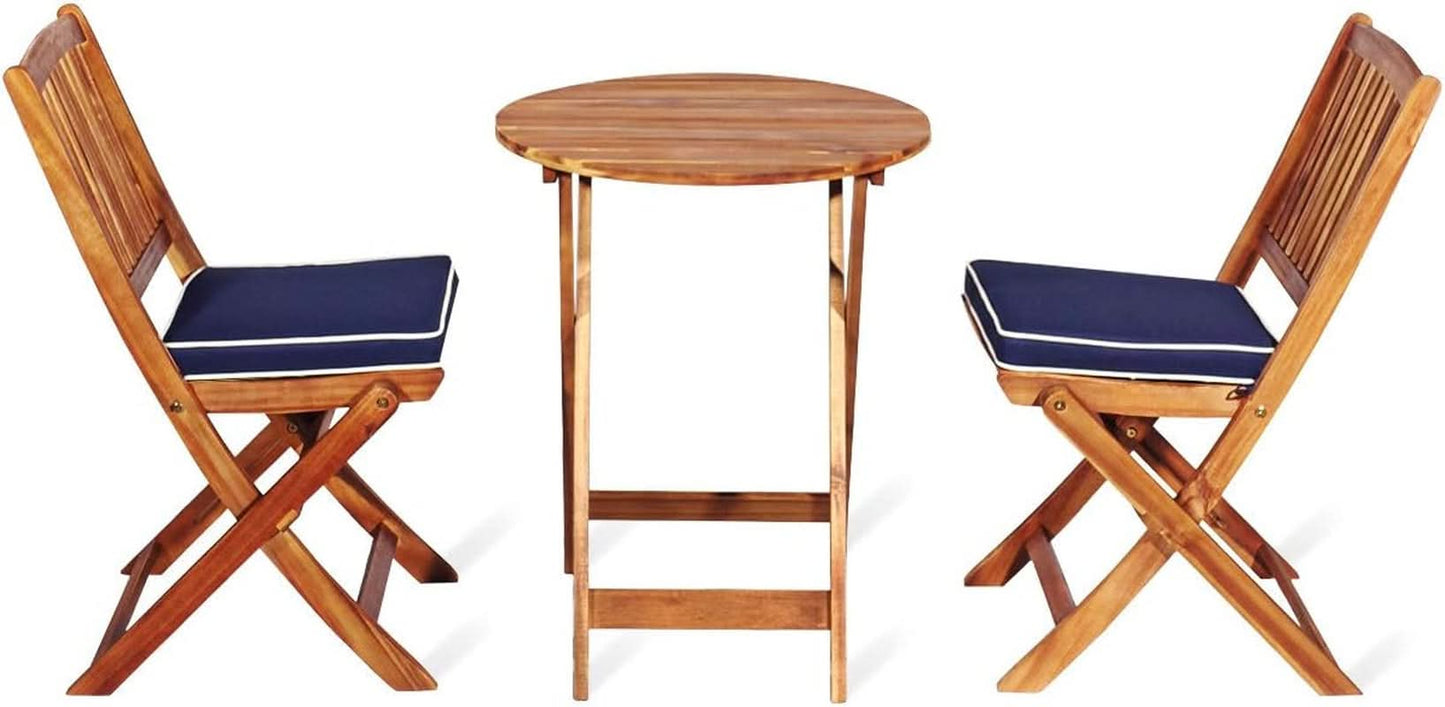 Patio Bistro Set With Wood Table And Navy Cushioned Chairs