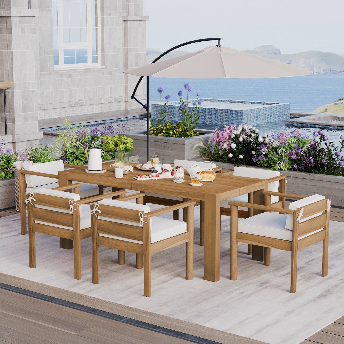 Patio Set Rectangle Light Teak with Removable Cushions for 6 72.8 Inch Table