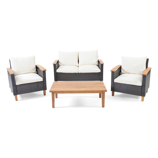 Outdoor Set: Transitional Teak Wood and Pe Rattan with Water Resistant Cushions