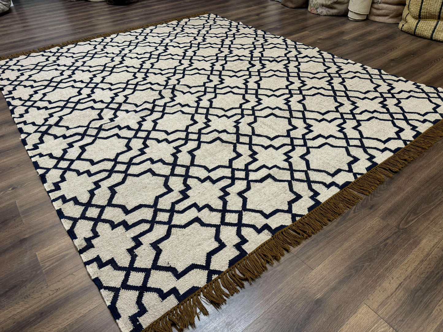 Indian Kilim Rug 8x10, Oat and Navy Blue, Dhurrie Carpet, Handmade, Wool