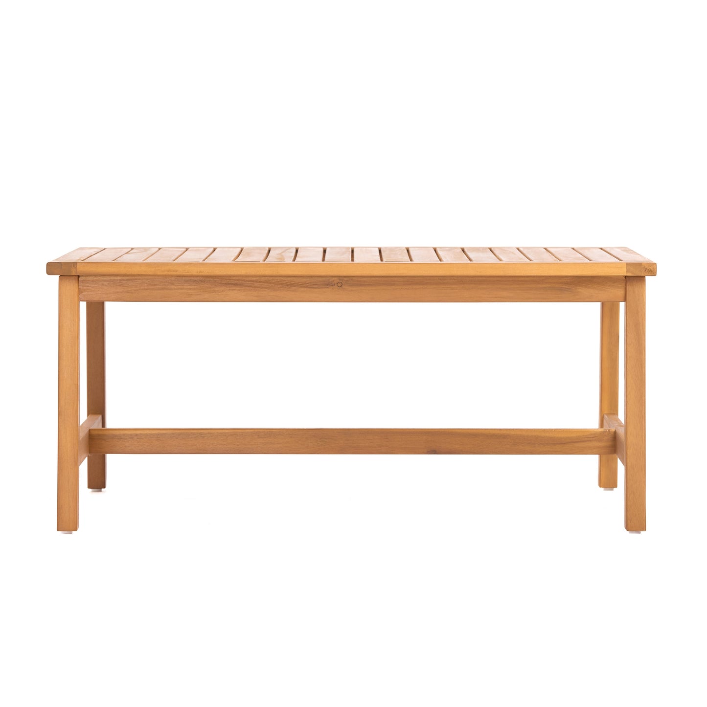 Outdoor Sofa Set Two Piece Acacia Wood Teak Finish Beige Cushions Coffee Table