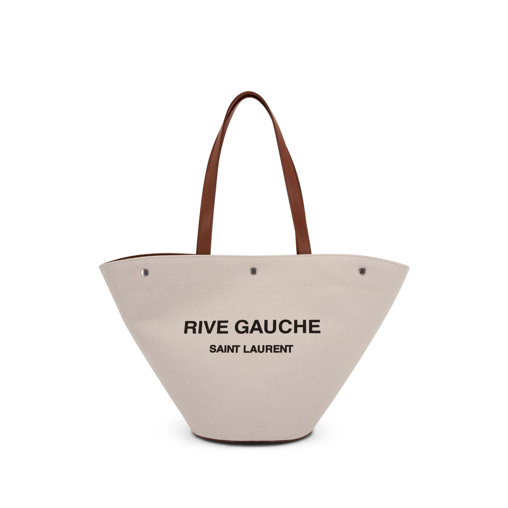Saint Laurent Canvas & Leather Tote Bag – Cream White & Chestnut