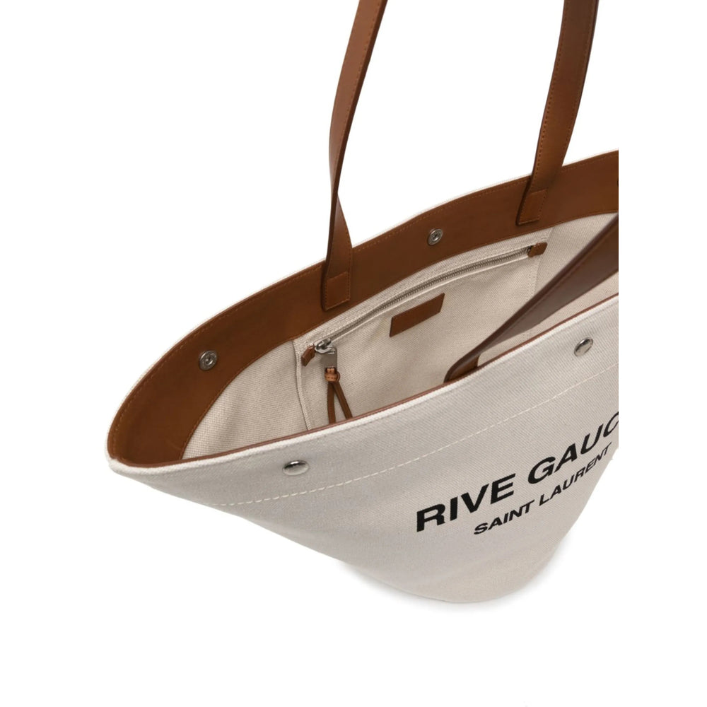 Saint Laurent Canvas & Leather Tote Bag – Cream White & Chestnut