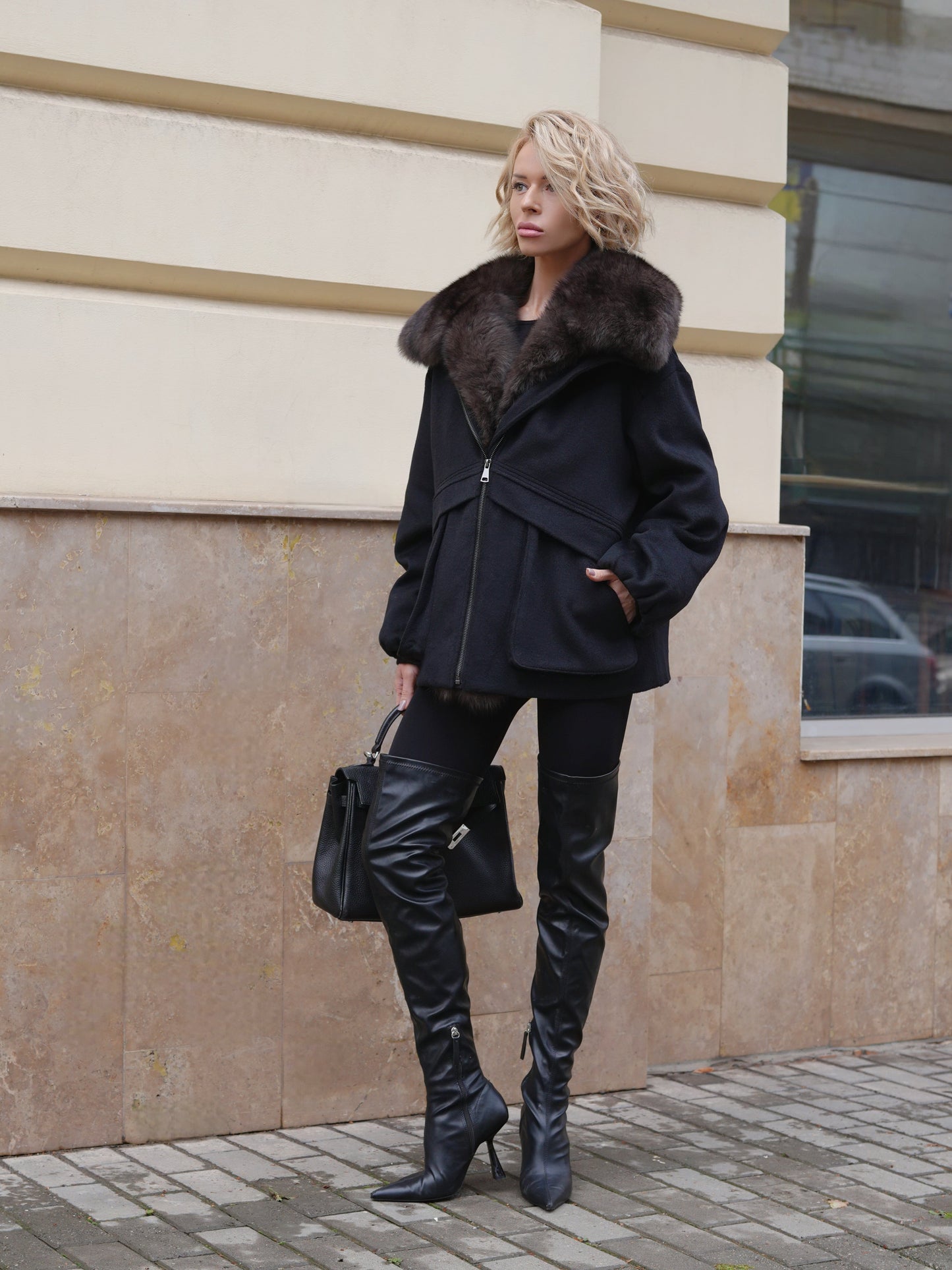 Rimini Genuine Fur Trim Wool Blend Parka in Black