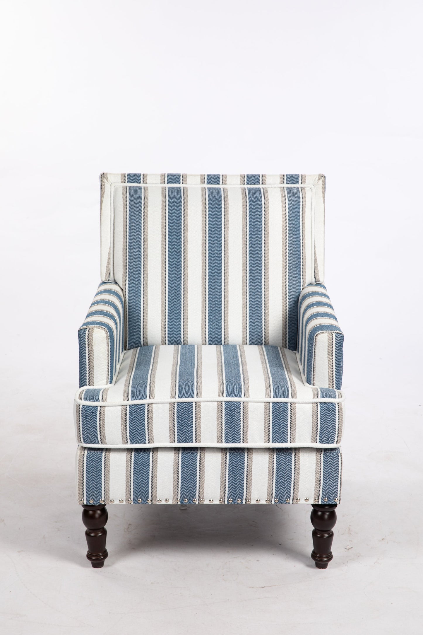 Accent Chair Vintage Blue White Stripe Linen Nailhead Trim