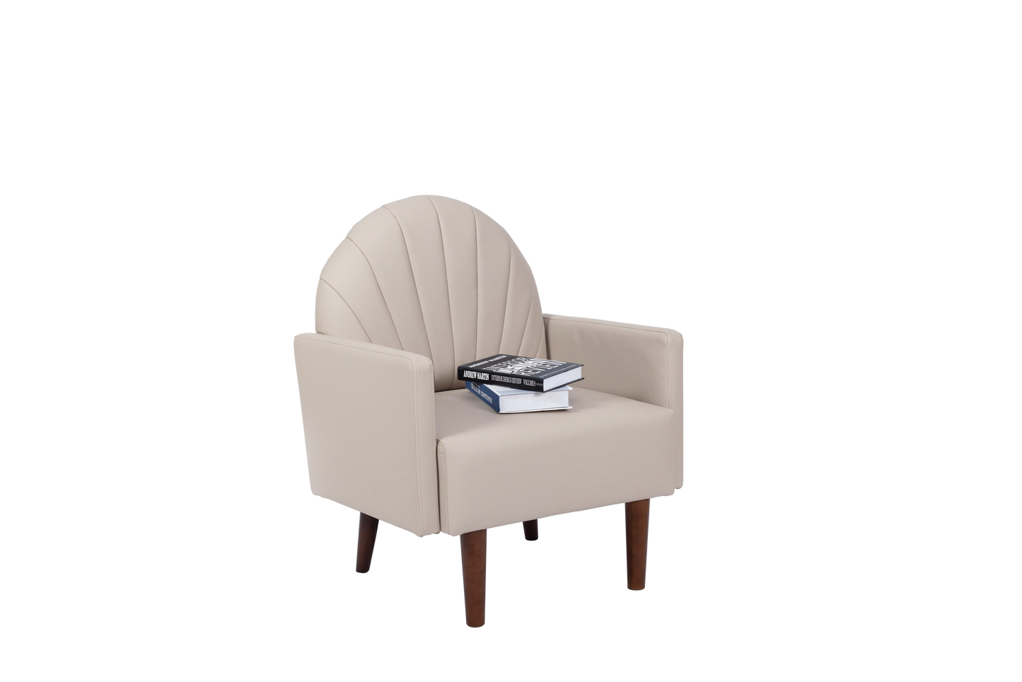 Accent Chair Shell-Shape PU Leather Khaki Solid Wood Legs Easy Assembly