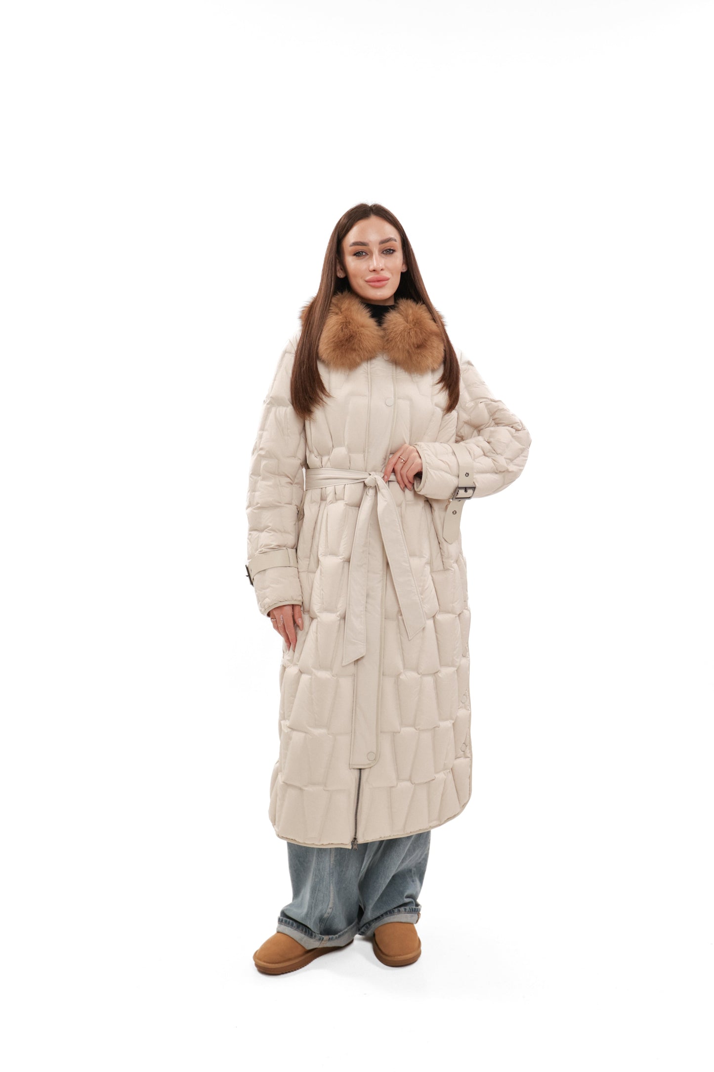 Riley Genuine Fur Trim Down Fill Coat in Ivory
