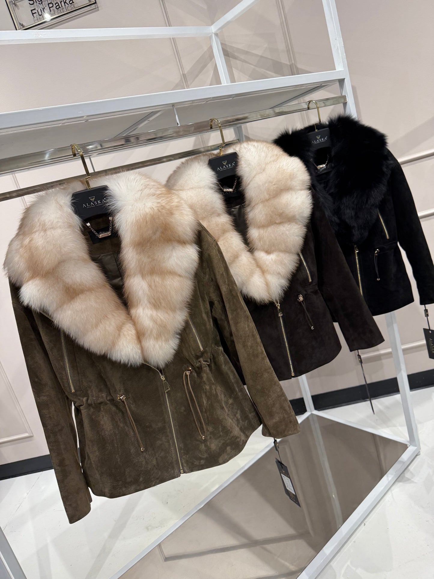 Vivienne Genuine Suede Polar Fox Trim Coat in Cognac