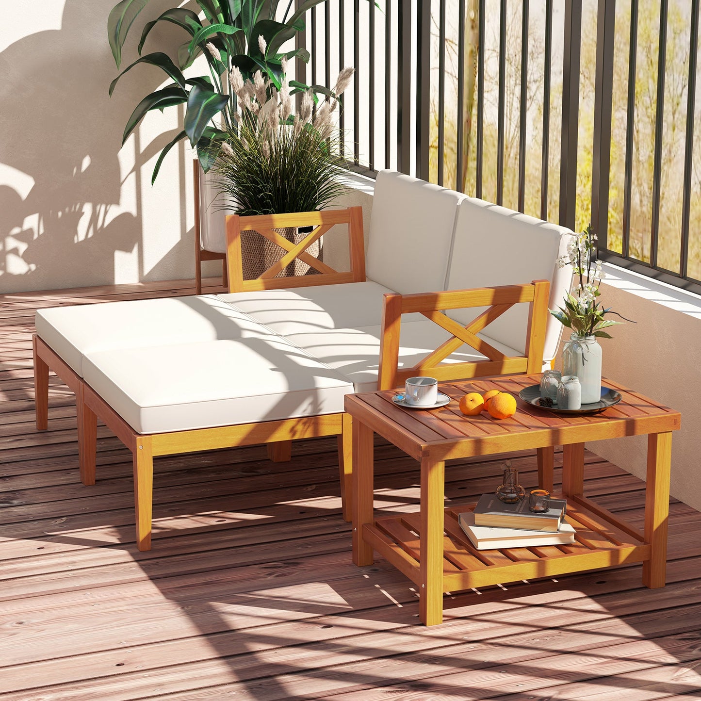 5 Pieces Acacia Wood Patio Chaise Lounge Chair Set with Ottoman and Cushions-White