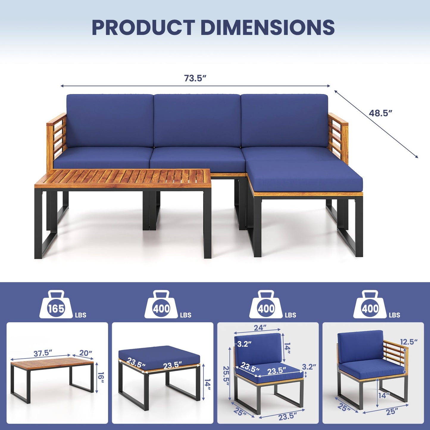 5-Piece Patio Acacia Wood Chair Set with Ottoman and Coffee Table-Navy