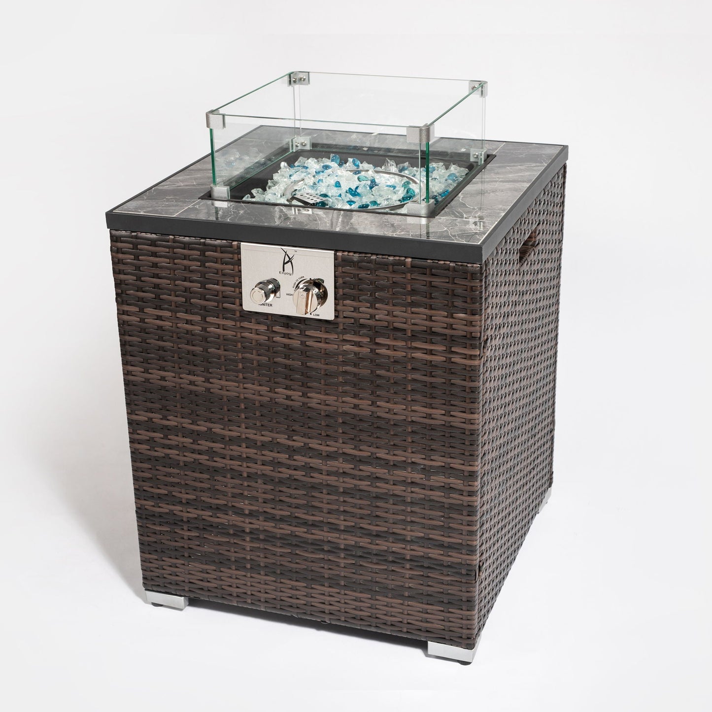 Propane Gas Square Fire Pit, Tile Tabletop With Beautiful Wicker Base For Outside