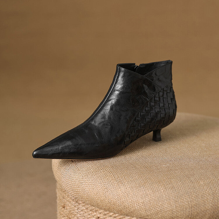 Women's Woven Full-Grain Sheepskin Ankle Boots | Pointed Toe Side Zipper Low Heel
