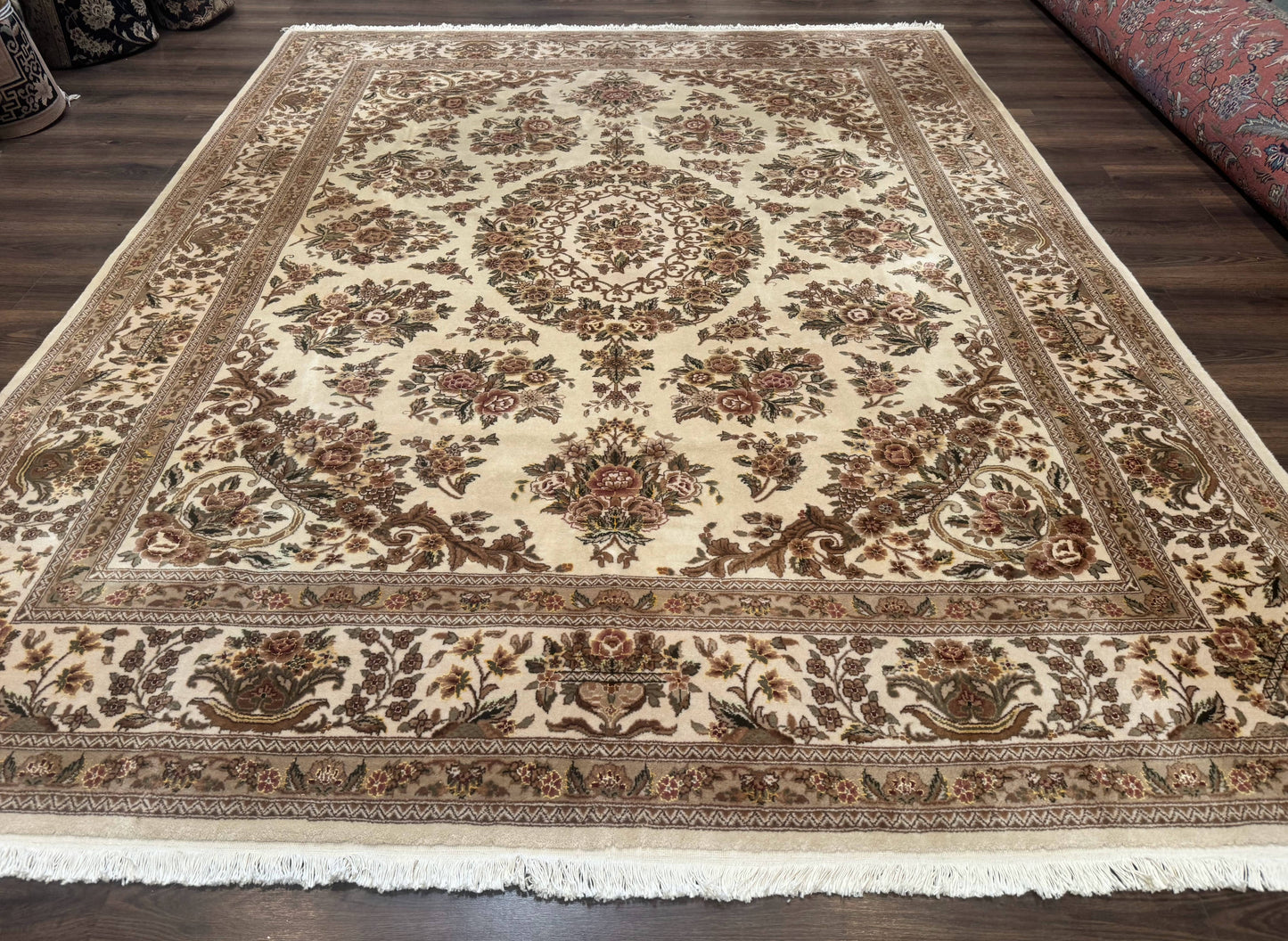 Sino Persian Hand-Knotted Wool & Silk Floral Area Rug – Beige, 8' x 10'