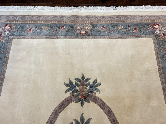 Chinese Carving Rug 8x10, Chinese Wool Carpet 8 x 10, Cream, 120 Line Rug, Vintage Handmade Art Deco Asian Oriental Rug, Aubusson Rug