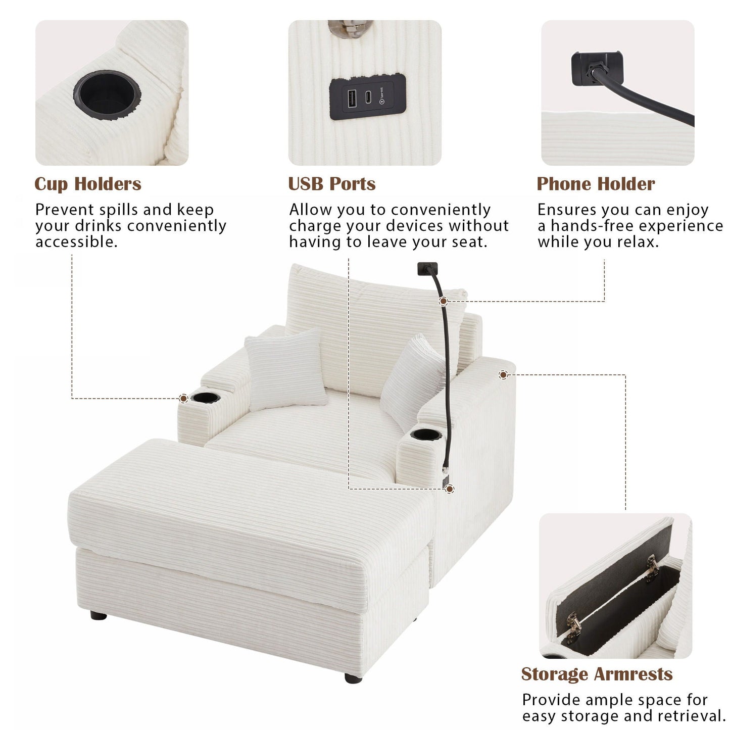 Modern Style Loveseat Sofa Sectional Sofa Couch With Storage Space, A Movable Ottoman, Two USB Ports, Two Cup Holders, A Phone Holder For Living Room