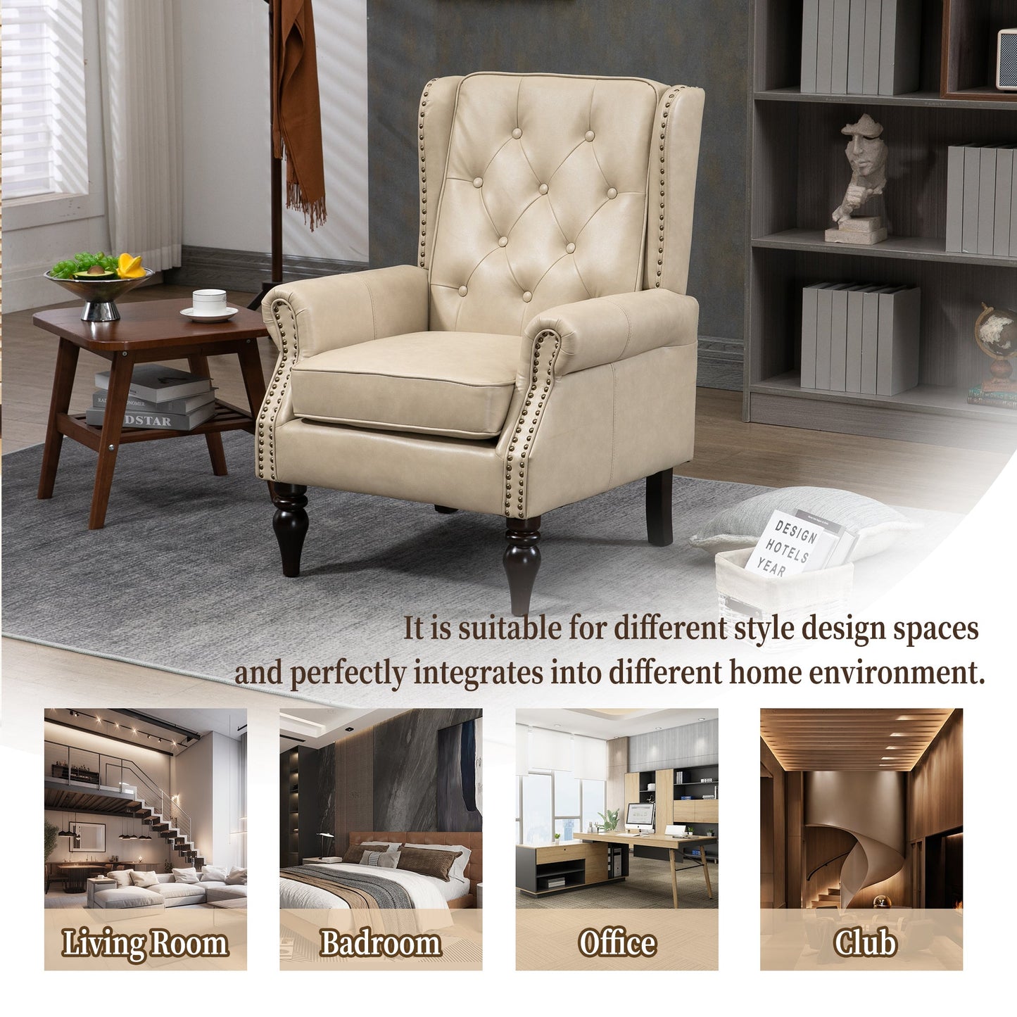 Accent Lounge Chair PU Leather Camel Rubber Wood Legs Sinuous Springs 250 LB