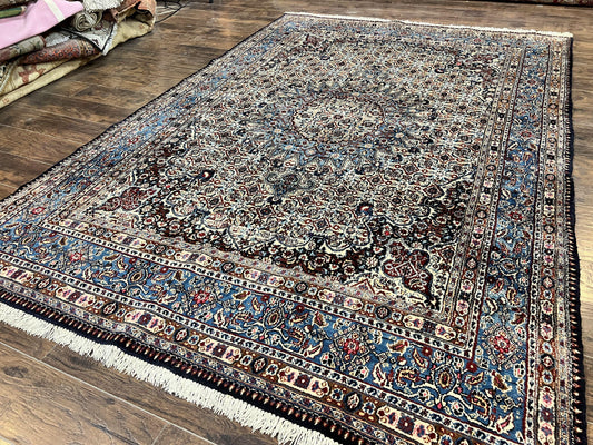 Persian Mashad Rug 7x10, Floral Medallion, Wool Hand Knotted Vintage Oriental Carpet, Blue & Ivory, Traditional Room Sized Rug