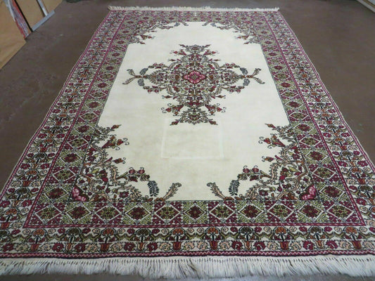 7x10 Moroccan Rug, Open Field Medallion, Berber Carpet, Hand Knotted Soft Wool Area Rug, Cream Color Background, Vintage Rug, Room Sized Rug