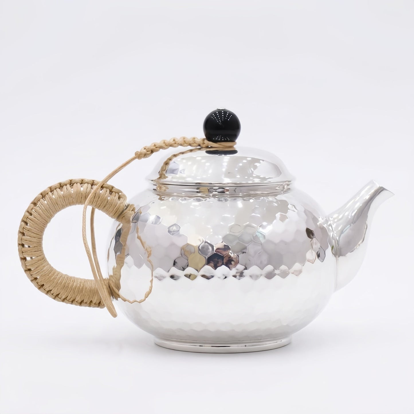 Pure 999 Fine Silver Hammered Silver Teapot with Woven Insulated Handle and Black Finial - Handicraft