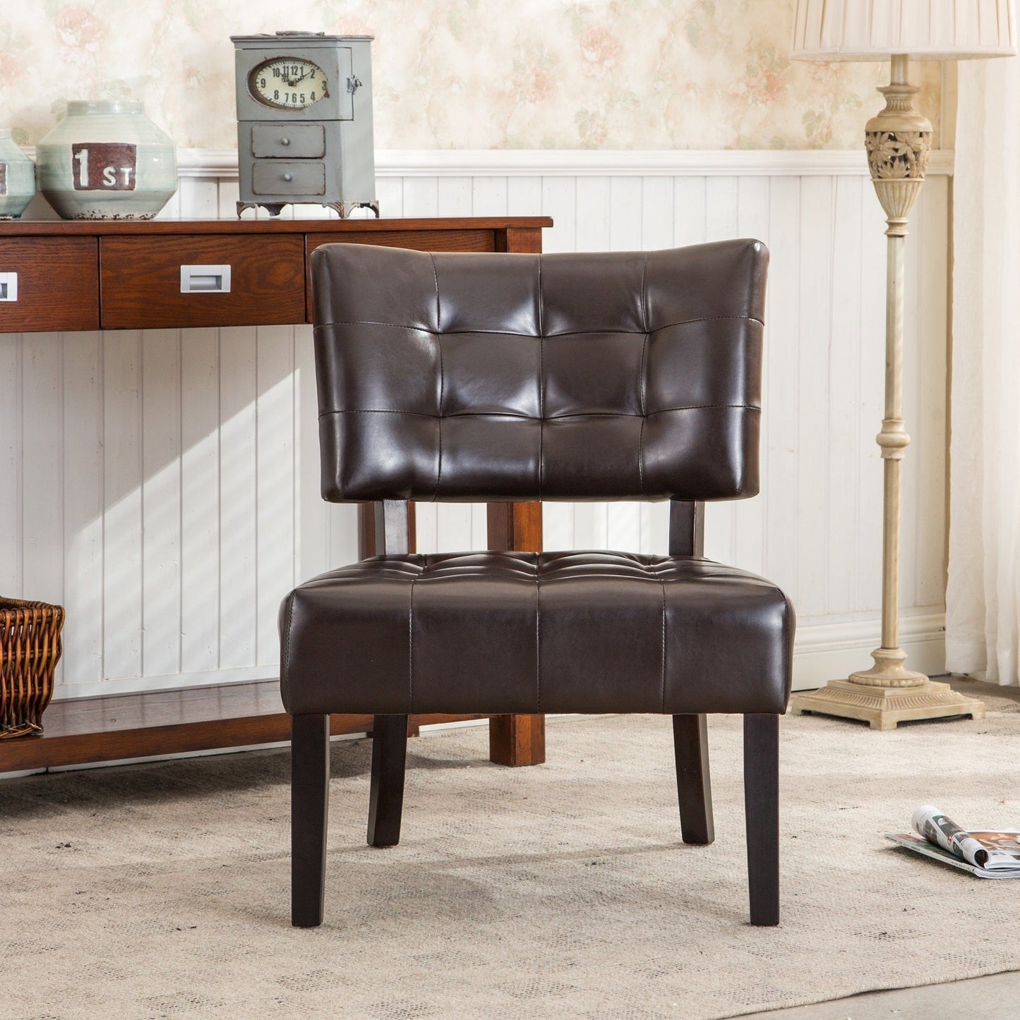 Accent Chair Tufted PU Leather Brown Oversized Hardwood Frame 27x31x34 In
