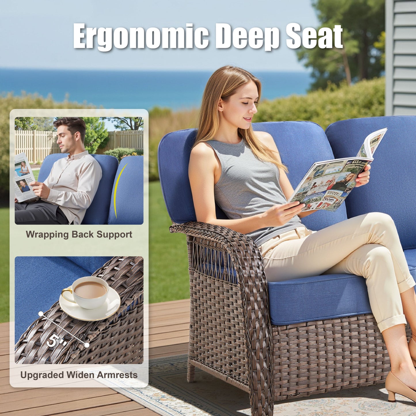 Outdoor Sofa PE Wicker Blue 3-Seat 75 in with T-Back Cushions