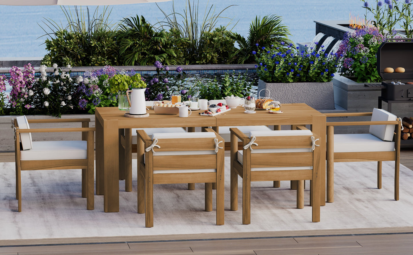 Patio Set Rectangle Light Teak with Removable Cushions for 6 72.8 Inch Table