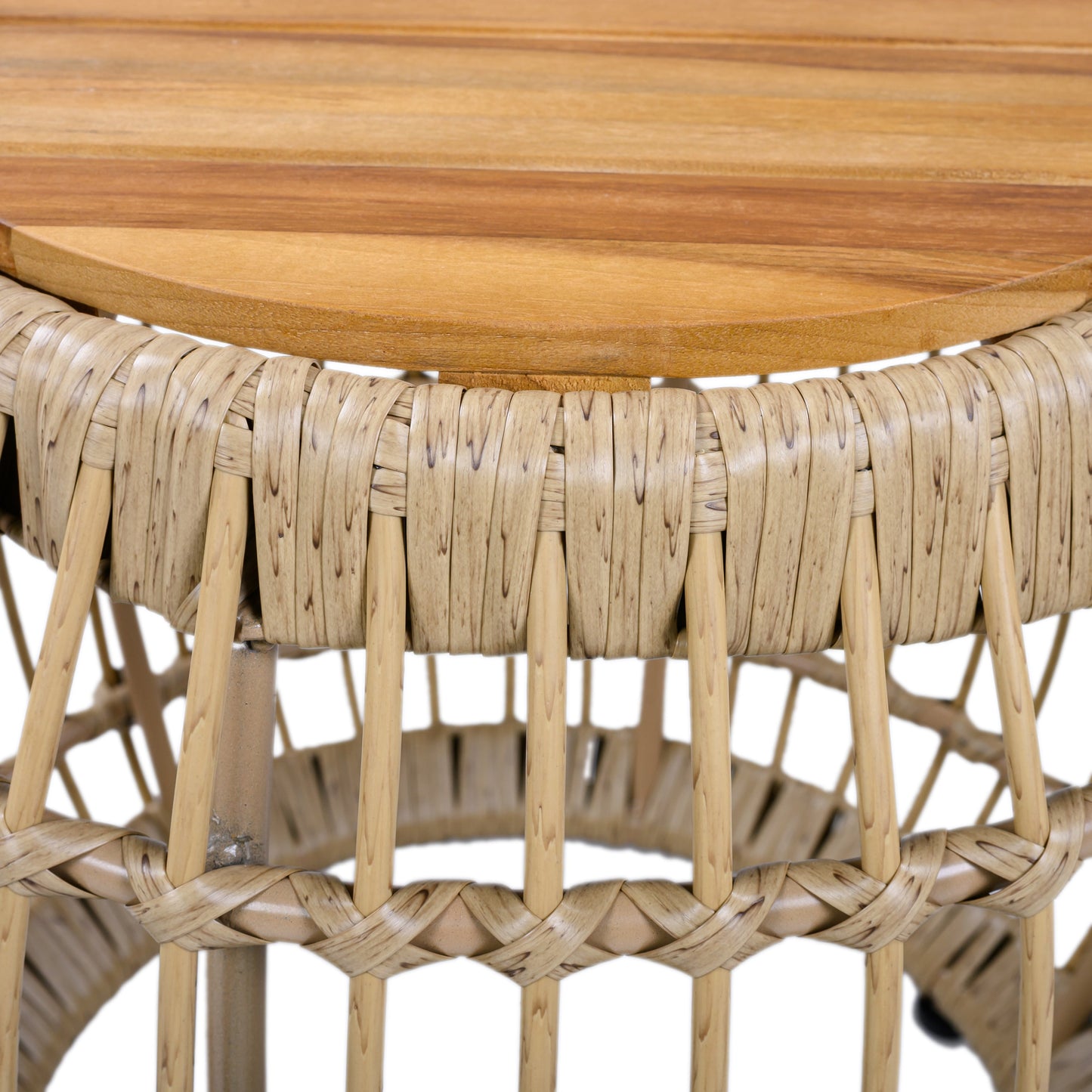 Outdoor Round Side Table Acacia Wood with Wicker Base Light Brown 16 Inch