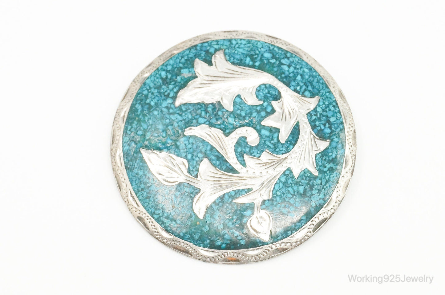 Vintage Mexico Handmade Crushed Turquoise Sterling Silver Pendant Pin