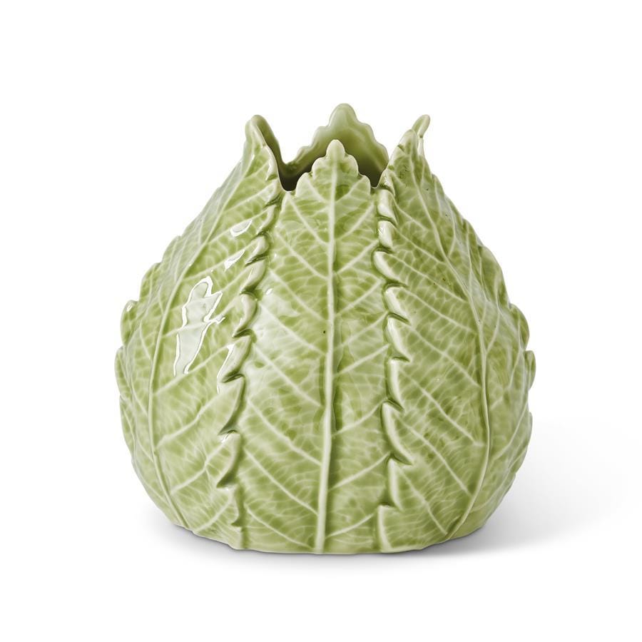 Green ceramic artichoke-shaped vase on a white background