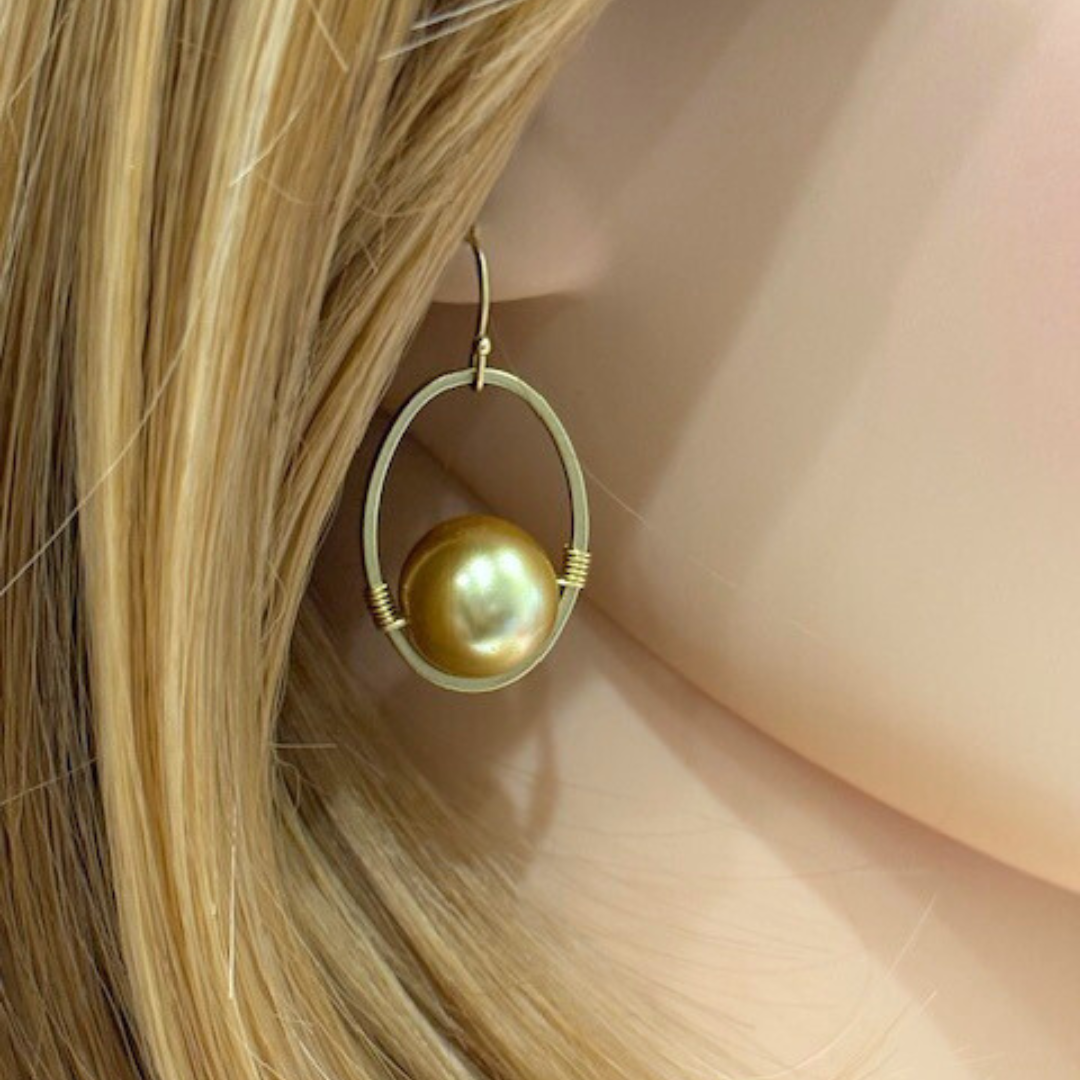 Champagne Pearl Wire Wrapped Matte Gold Oval Earrings