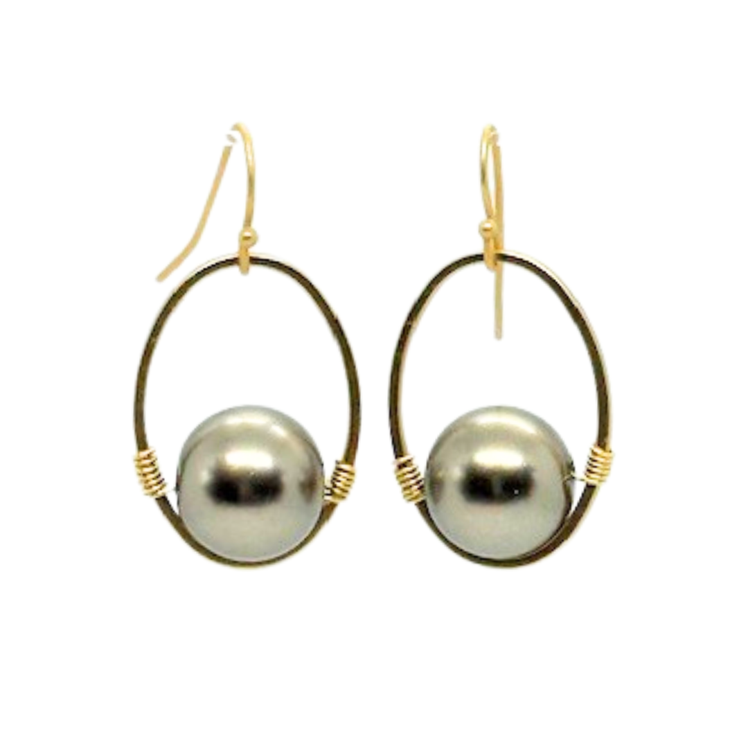 Taupe Pearl Wire Wrapped Matte Gold Oval Earrings