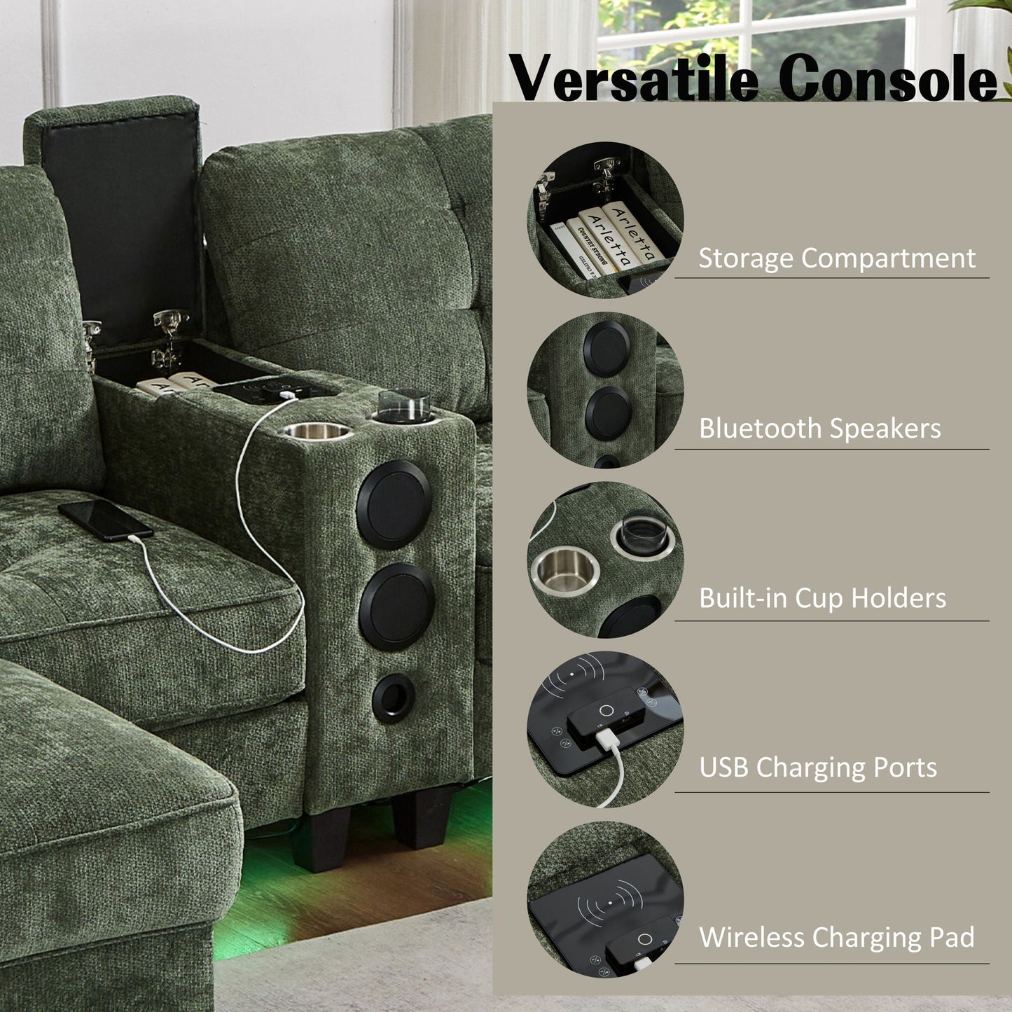 Modern Sectional Sofa U-Shaped With Movable Ottomans, tooth Speakers, LED Lights And Modular Storage