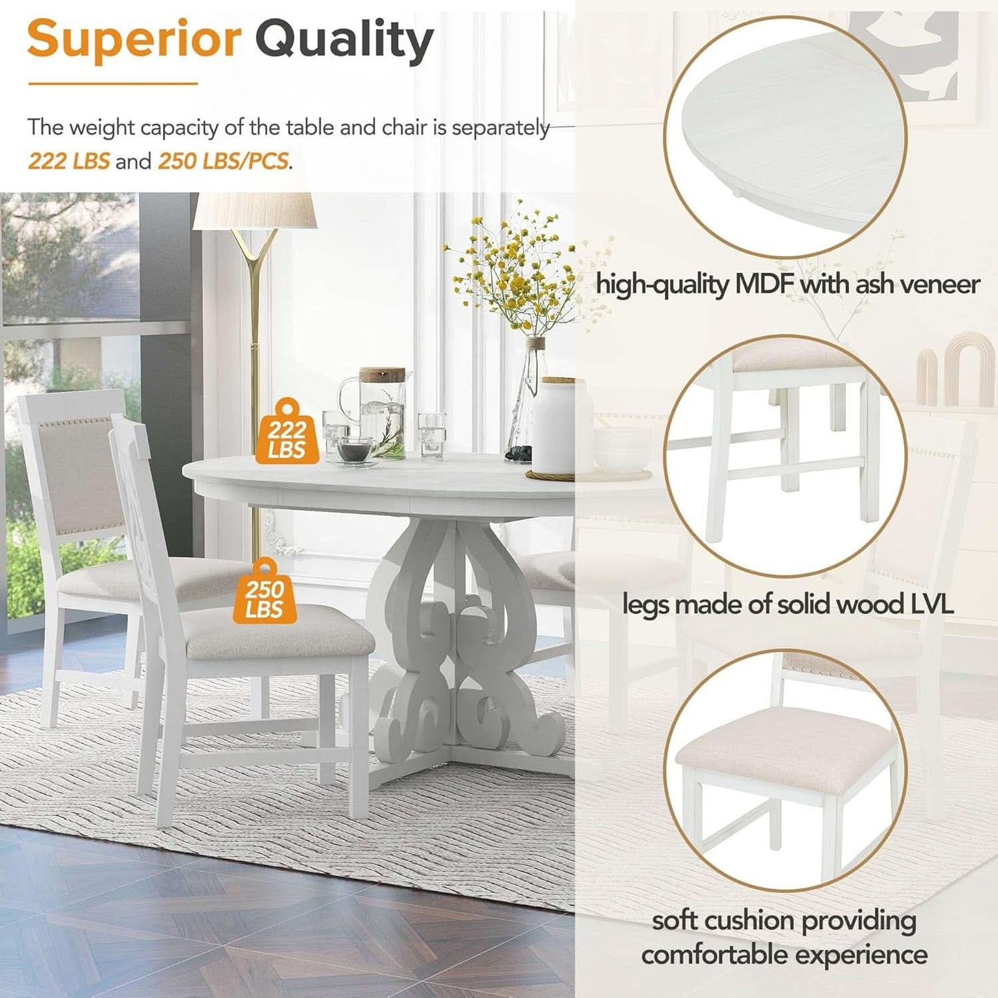 Round Solid Wood Extendable Dining Table Set with Four Matching Upholstered Chairs