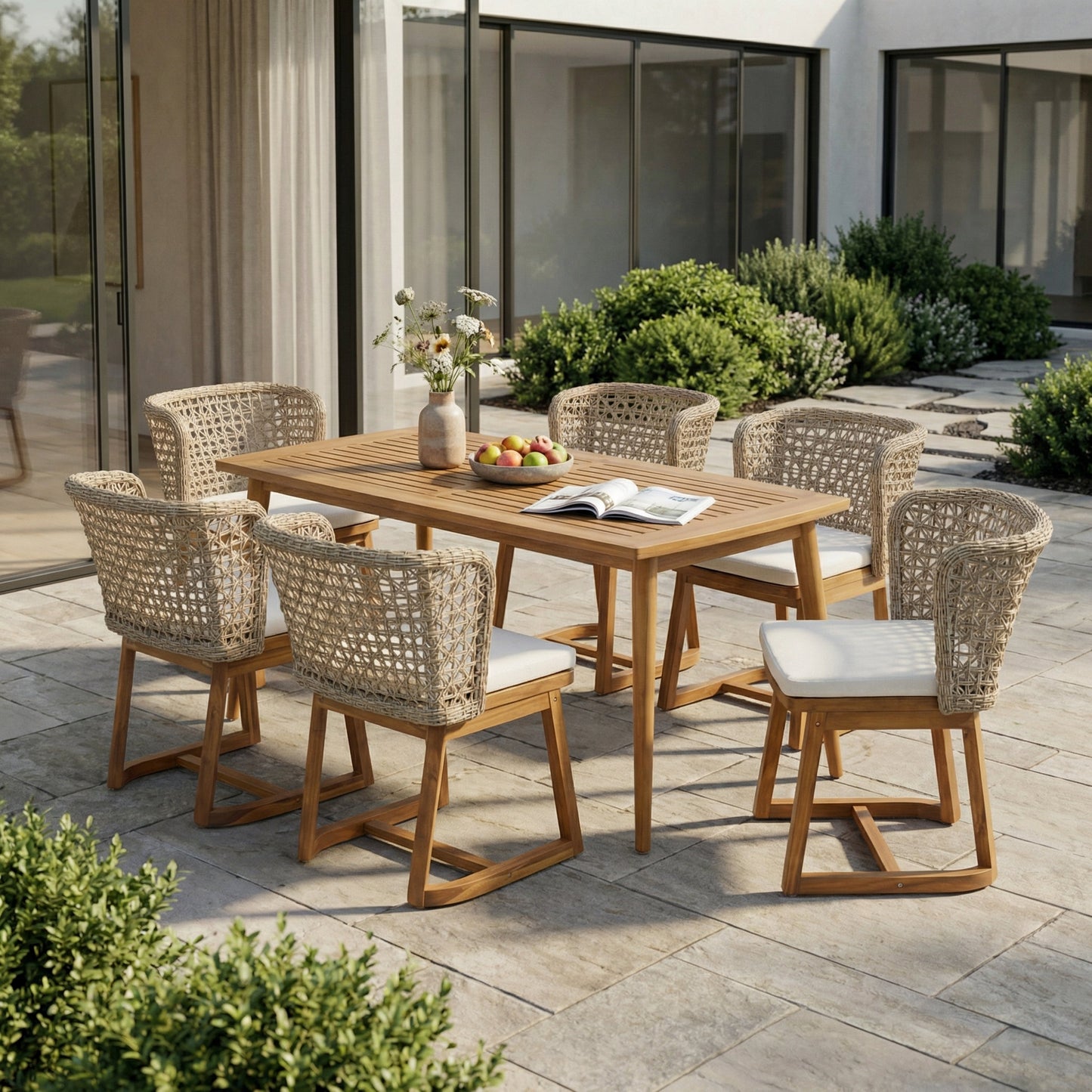 Outdoor Patio Dining Set with Acacia Table and Wicker Chairs Beige Cushions