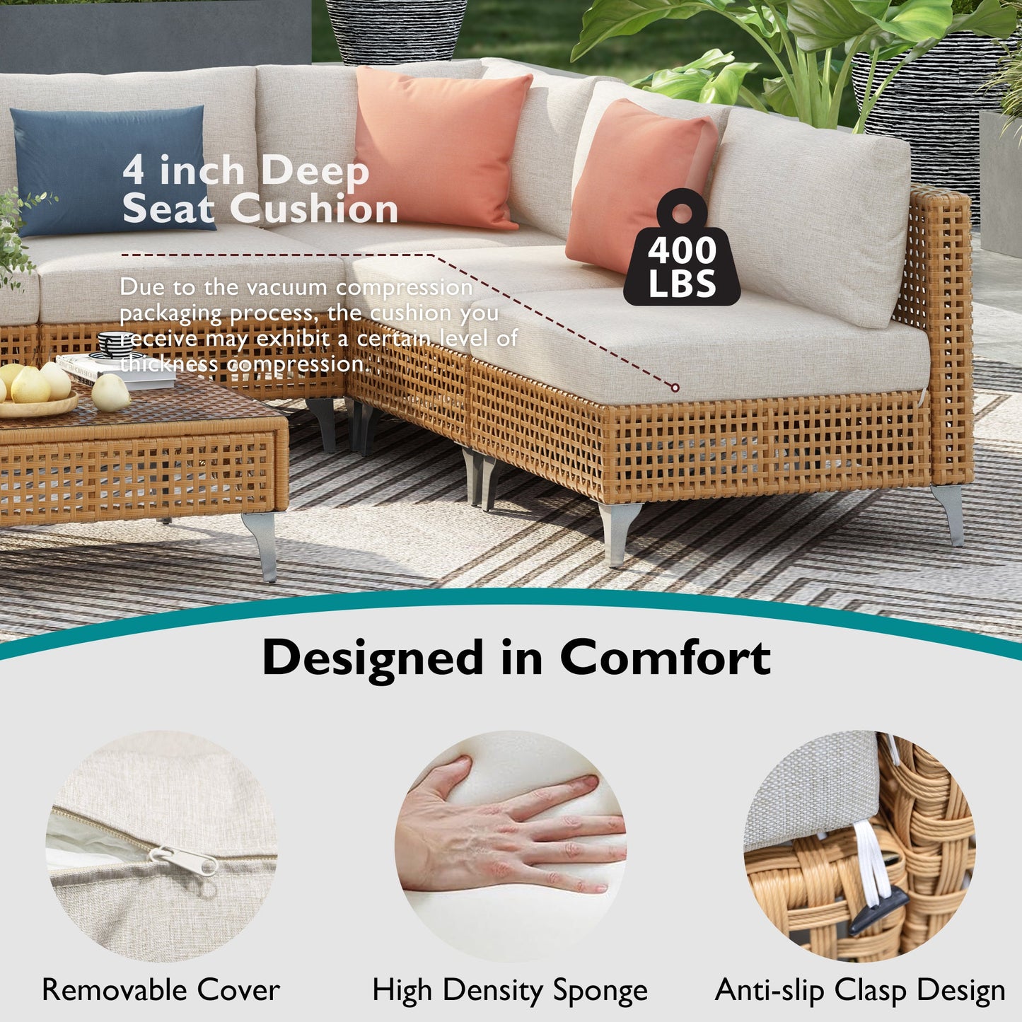 Patio Set Wicker Sectional with Water Resistant Beige Cushions and Coffee Table