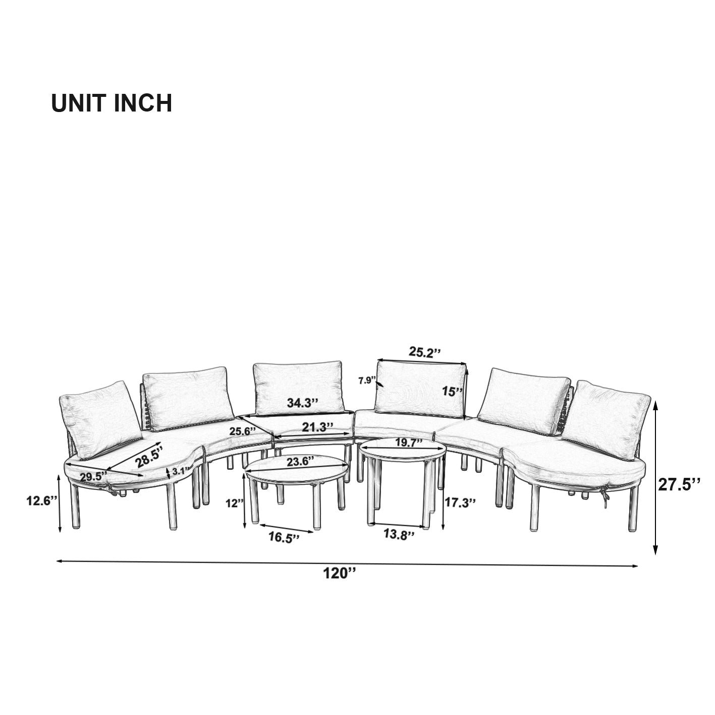 Outdoor Patio Set Half Moon Sectional with Two Coffee Tables Beige Pe Wicker