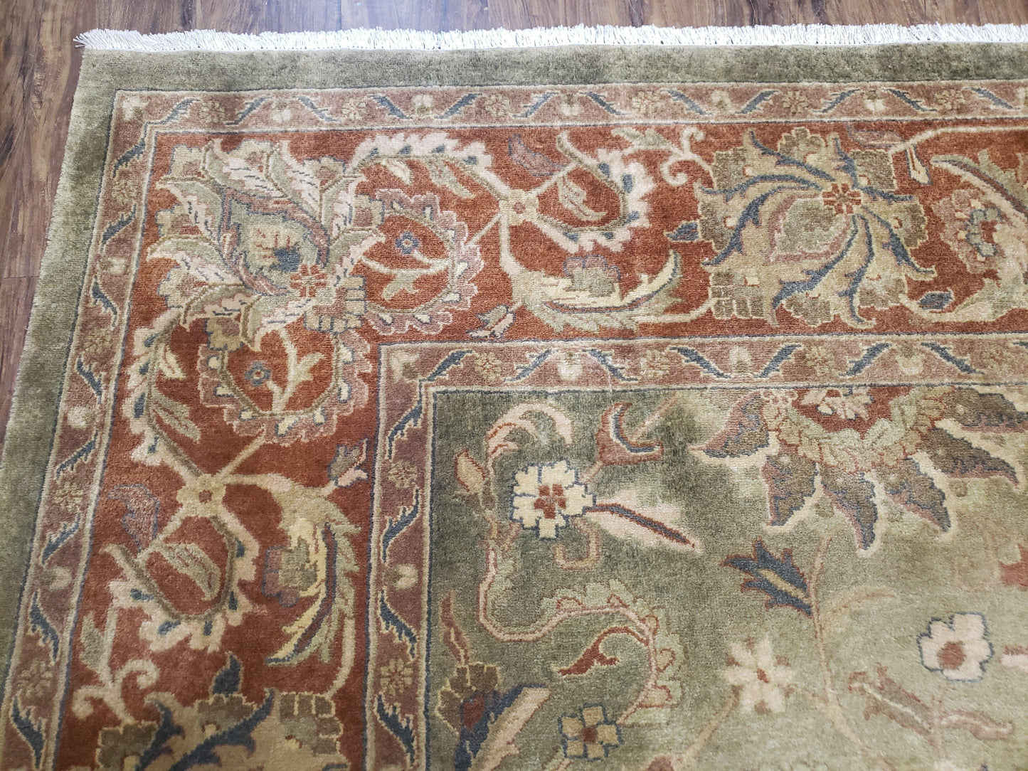 Green Indo Mahal Area Rug 9x12, Wool Hand-Knotted Carpet