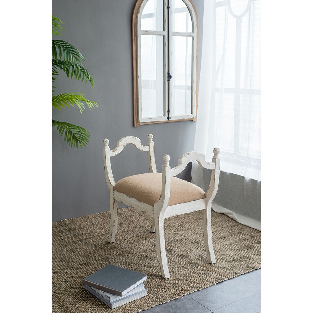 Harlow Country House Bench – Distressed White & Natural Linen