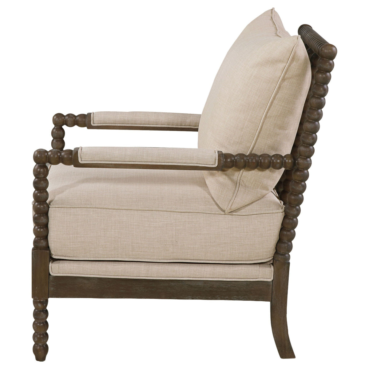 Blanchett Heritage Bobbin Lounge Chair – Beige Linen & Distressed Brown