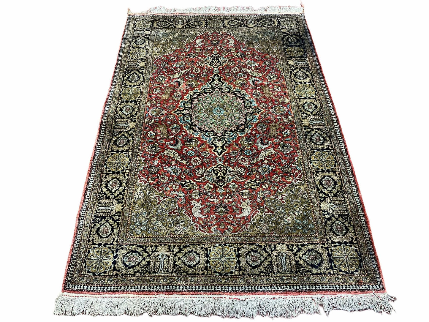 Persian Qum Silk Rug 3.8 x 5.6, Silk on Silk, Animal Pictorials, Fine 330 KPSI